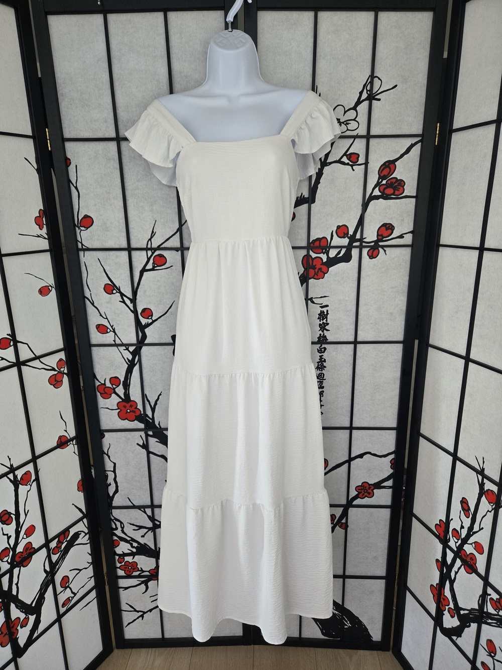 White Off-Shoulder Tiered Maxi Dress